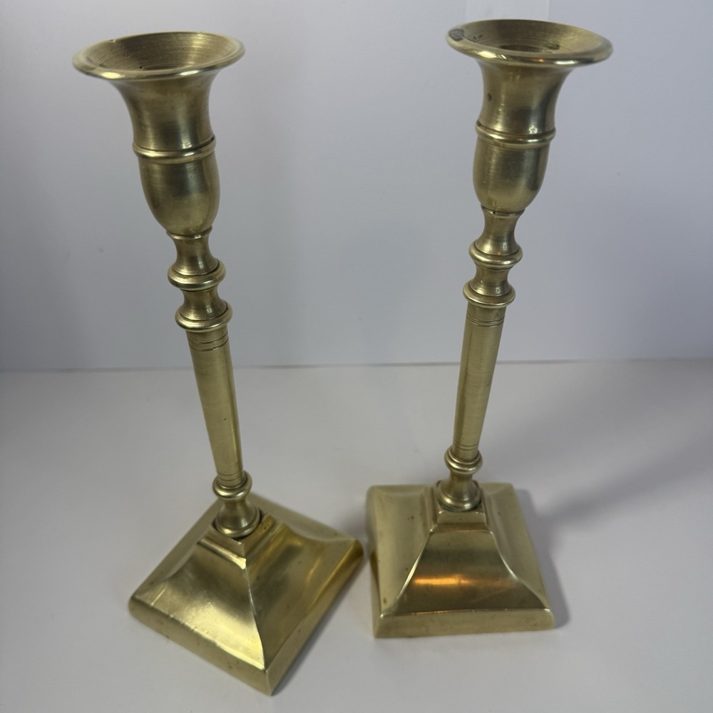 Vintage Pair Of Solid Brass Candle Stick Holder 9.5" Rare Shape With Square Base